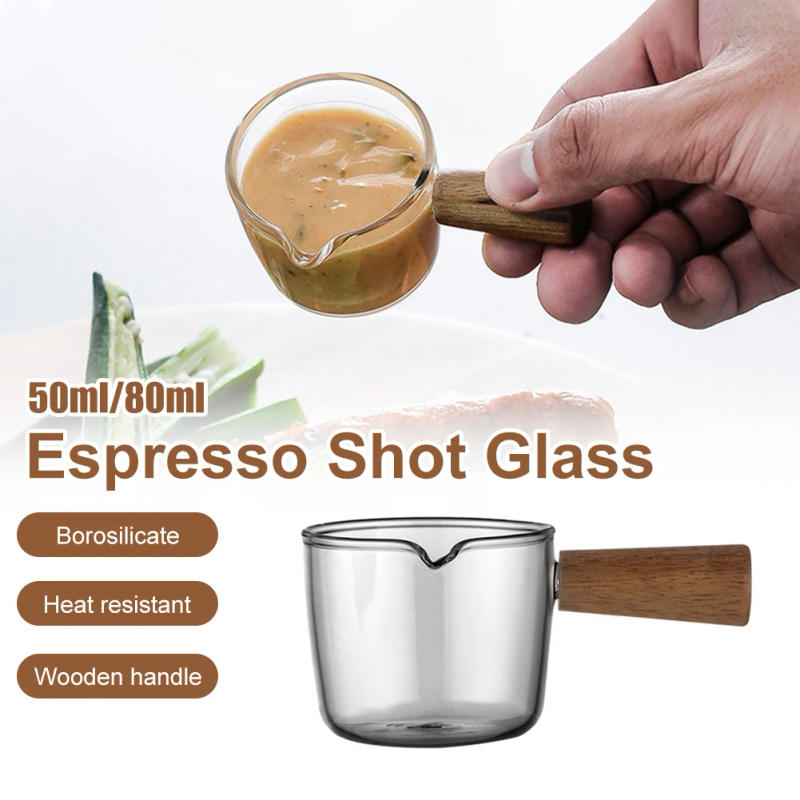 Description Picture 6 of item50ml / 100ml Espresso Shot Glass Wooden Handle Single Spout Coffee Measuring Cup Borosilicate Glass for Wine Milk Coffee Tea Jug