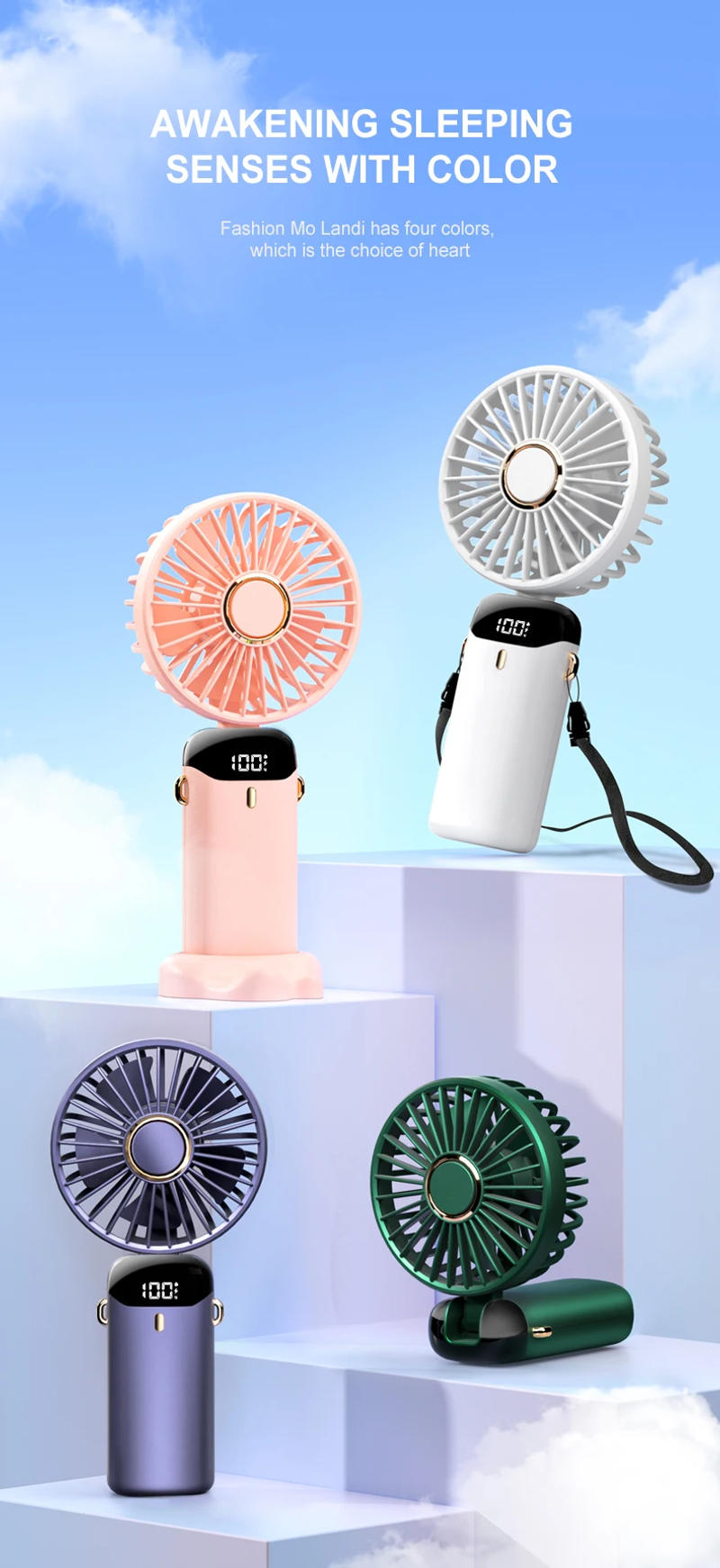 Description Picture 4 of item2024 Top Selling 5000mAh Rechargeable Handheld Fan Portable Air Conditioner 90° Folding Mini Fan with 5 Gears LED Display Screen