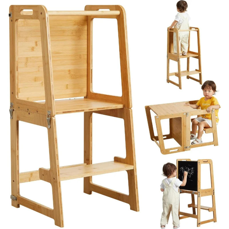 Description Picture 2 of item4-in-1 Standing Tower for Toddlers and Kids 1-6 Years, Bamboo Kitchen Learning Helper Stool with Chalkboard, Desk Table