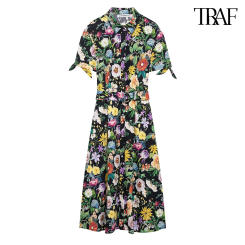 TRAF Women's New Loose French Print Dress Round Neck Casual Elegant Evening Party Long Spring Summer Street Trend Dresses