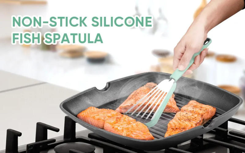 Description Picture 2 of itemSilicone Fish Spatula Stainless Steel Slotted Turner with Soft Edge Heat Resistant Kitchen Cooking Tools Utensil