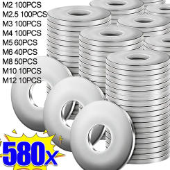 580/180pcs Stainless Steel Flat Washer Plain Gaskets Metal Washers Rings for Screw Assortment Kits M2 M2.5 M3 M4 M5 M6 M8 M10