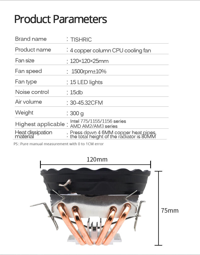 Description Picture 3 of itemTISHRIC Processor Cooler CPU Cooling Fan RGB PWM 4Pin Heatsink Intel LGA 2011 1150 1200 775 1151 1155 X99 X79 AMD AM3 AM4 PC Fan