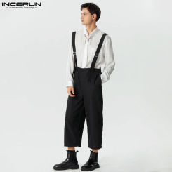 INCERUN 2024 American Style Men Jumpsuits Loose High Waisted Wide Leg Rompers Leisure Streetwear Solid Shoulder Strap Pant S-5XL