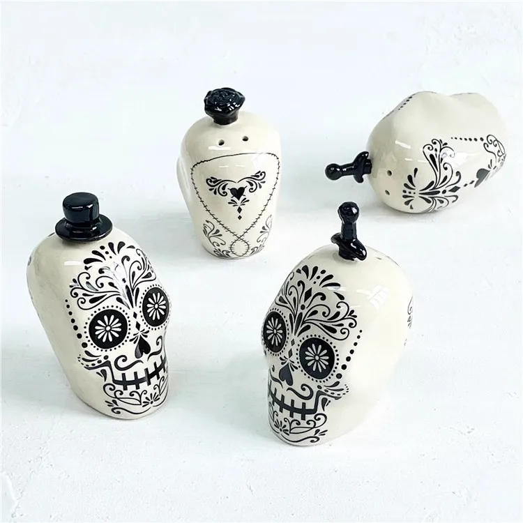 Description Picture 3 of itemSkull Shape Ceramic Spice Bottle Halloween Seasoning Jar  Pepper Shaker Jar Salt Shaker  Spice Container Set Home Decor