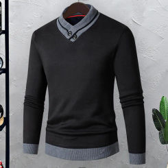 Men Sweater Contrast Color V Neck Knitted Thick Elastic Long Sleeves Pullover Top Slim Fit  Mid Length Men Thermal Underwear