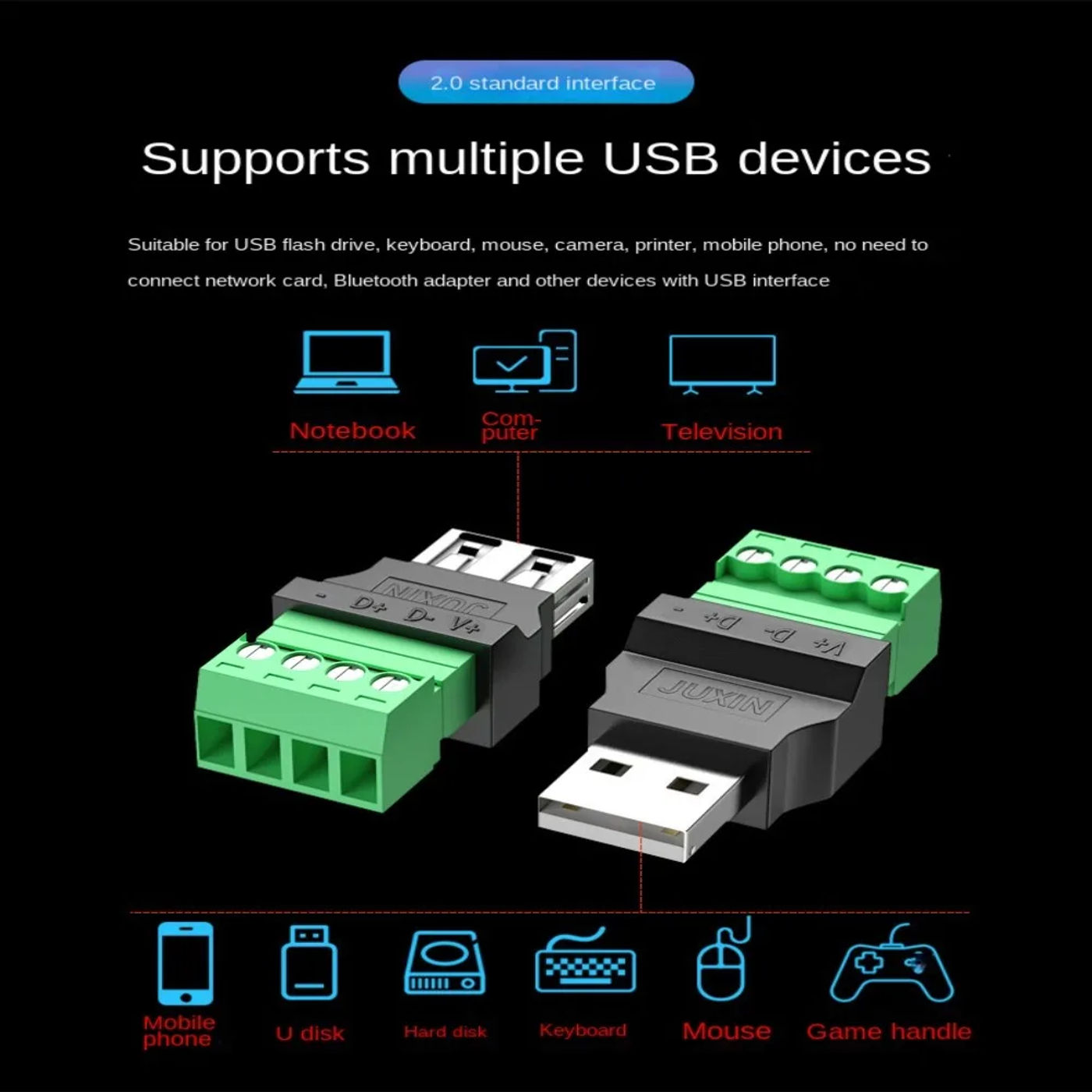Description Picture 4 of itemType A USB Connector USB Plug USB 2.0 Adapter Connector Jack Type-A 4-pin Male/Female Plug 4 pin 4 Pin Screw Terminal Plug