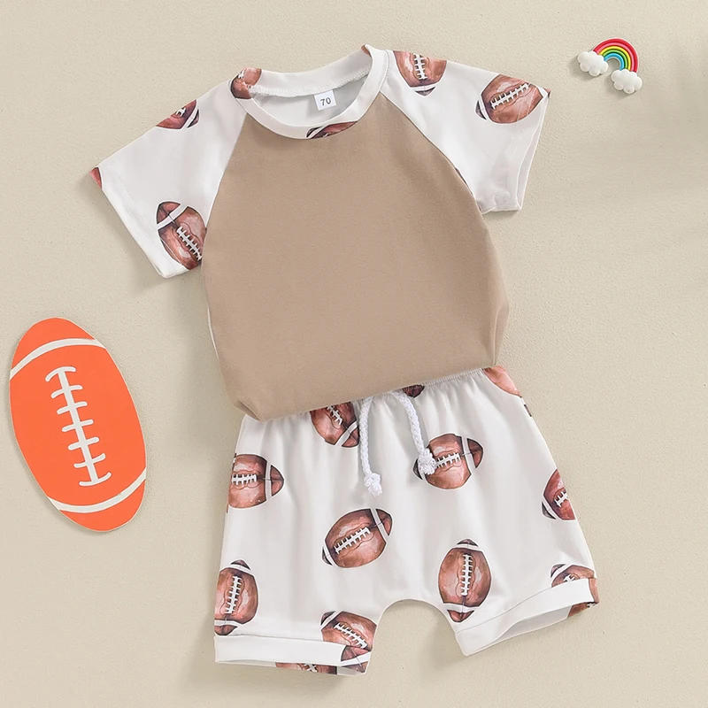 Description Picture 4 of itemBaby Boys Summer Outfits Rugby Print Short Sleeves T-Shirt and Elastic Shorts Set for 2 Piece Vacation Clothes Set