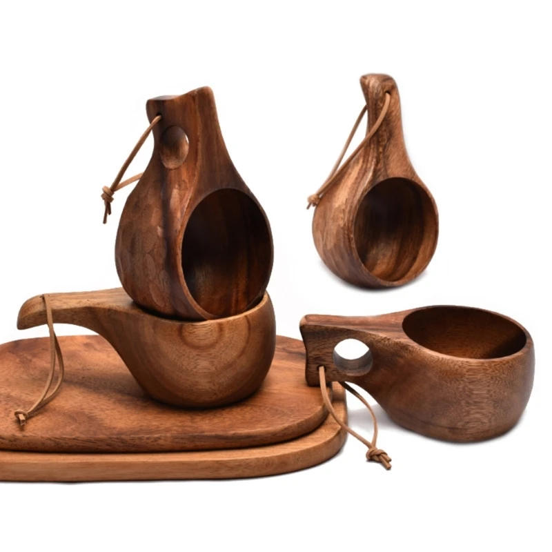 Description Picture 2 of itemFinland Kuksa Portable Coffee Mug Acacia-Wood Handle Cowhide Rope Hook Juice Milk Cup Coffee Drinking Cup Drinkware