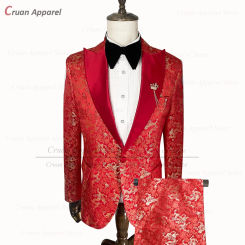 Luxury Red Suits for Men 2 Pieces New Fashion Slim Fit Floral Printed Blazer Pants Set Tailor-made Prom Wedding Tuxedo for Groom