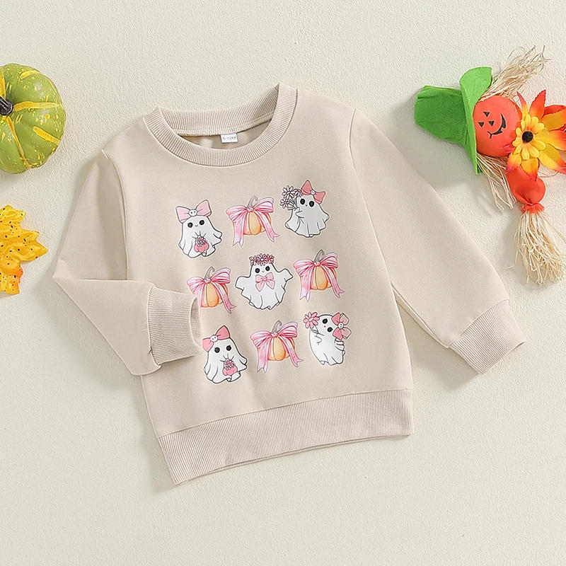 Description Picture 4 of itemToddler Girls Sweatshirts Classic Bow Ghost Print Long Sleeve Round Neck Pullovers Spring Fall Tops