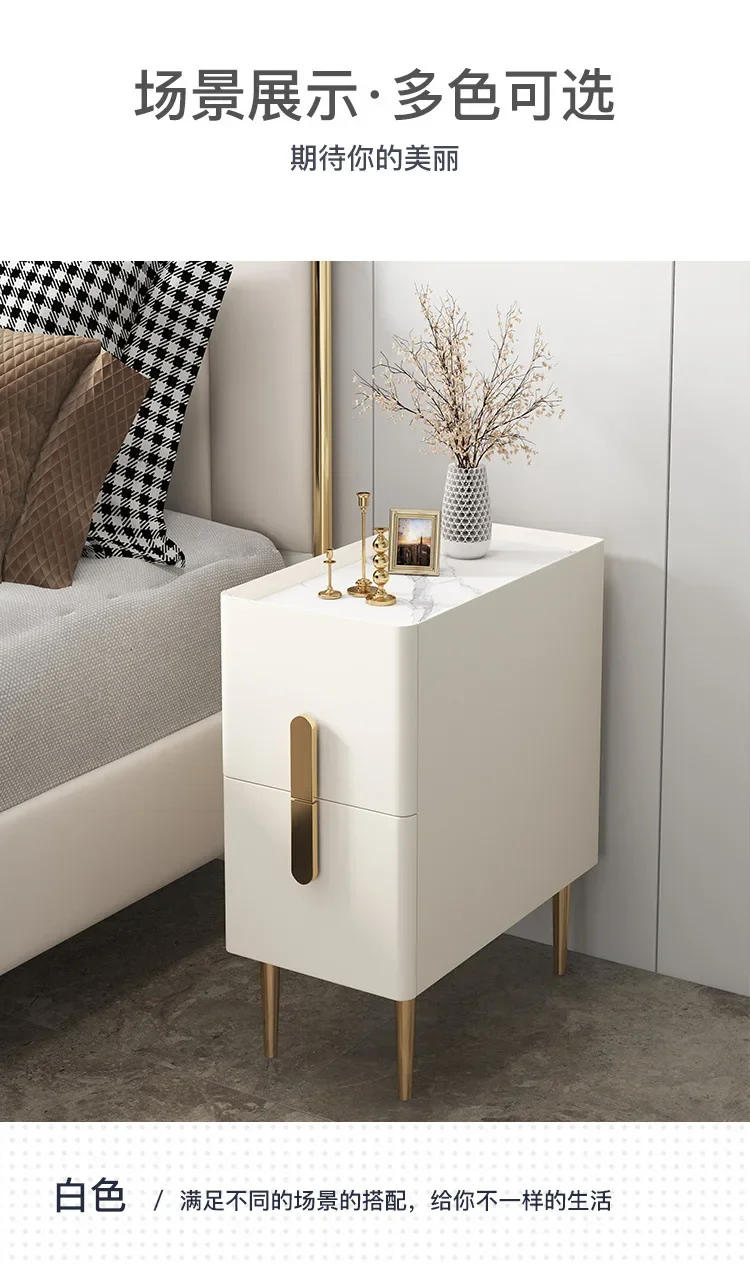Description Picture 4 of itemNordic Style  Bedside Table Modern Mini Narrow Rock Surface Nightstand Self-Contained 2 Drawers Wooden Bedroom Tables
