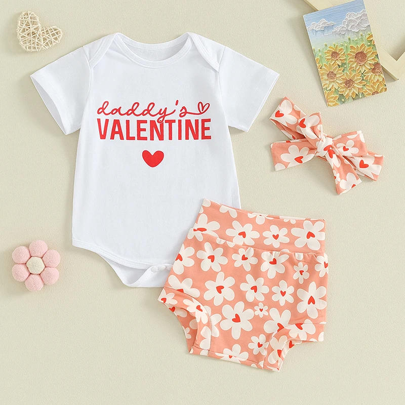 Description Picture 2 of itemBaby Girls Shorts Set Short Sleeve Letters Print Romper Flower Print Shorts with Hairband Valentines Day Clothes