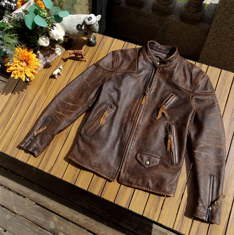 Description Picture 3 of itemVintage 2024 Men Genuine Leather Coat Natural Cowhide Calf Skin Motorcyclist Biker Jacket Autumn Fall Brown Oversized XXXXXL 5xl