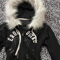 Y2K Letter Printed Fur Collar Gothic Solid Color Hoodie Women's Slim Personality Black Zipper Sweatshirt Autumn Winter Warm Top