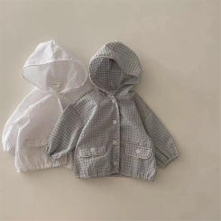 2025 Summer New Baby Long Sleeve Sunscreen Jacket Infant Girl Plaid Hooded Sunscreen Coat Toddler Boy Thin Breathable Cardigan