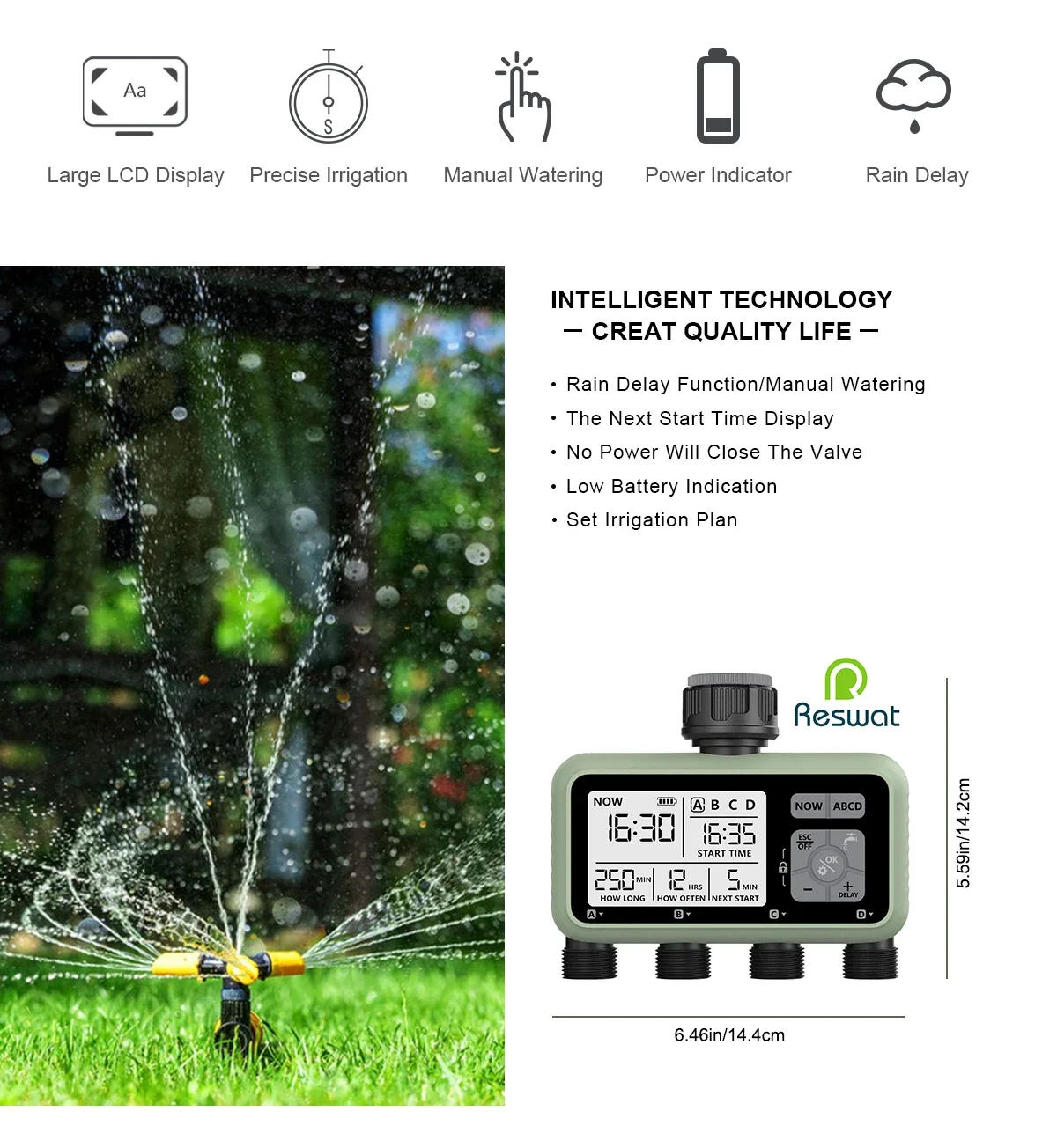 Description Picture 6 of itemEshico  4-Outlets Water Timer Automatic Drip Irrigation Controller Water Valve 4-way Independent Control Program Garden Tool