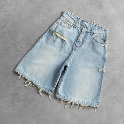 Gothic fashion American hip-hop retro hole burr loose denim shorts men Y2K summer new Harajuku punk casual Jorts street wear