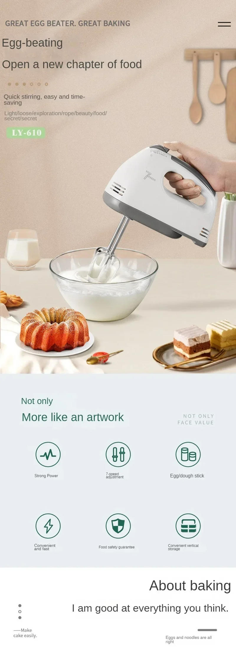 Description Picture 2 of itemElectric Hand Mixer 7 Speed Stainless Steel Egg-Whisk Electric Mixer, Includes 2 Beaters & 2 Dough Hooks, Robust & Easy-Clean