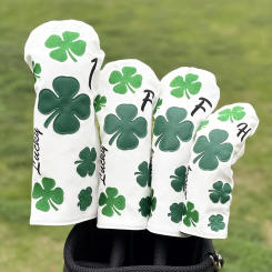 Stylish Clover Golf club head Covers - Durable White with Green Four-Leaf Clover Design, Protective Club Protectors