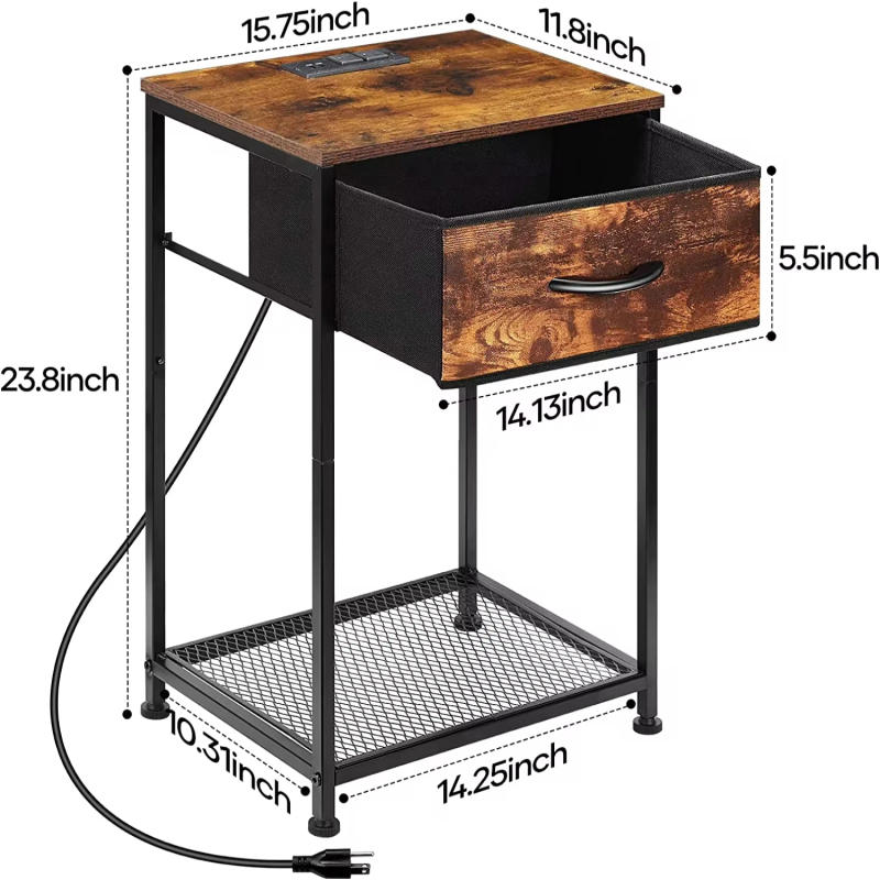 Description Picture 3 of itemNightstand End Table with Charging Station USB Ports Drawer Shelf Brown