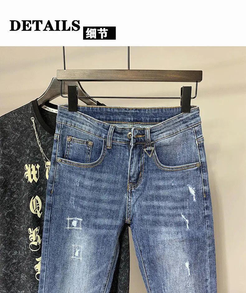 Description Picture 6 of itemFashion Men's Slim Fit Denim Jeans Spring Autumn Pencil Pants Blue Jeans 2024 Korean Damaged Designer Luxury Mens Jeans Male