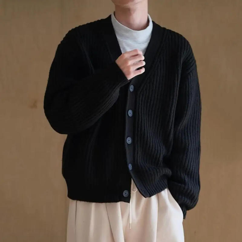 Description Picture 5 of itemKnitted Cardigan Men's Thick Knitted V Neck Cardigan Sweater Coat for Winter Fall Single-breasted Buttons Long Sleeve Solid