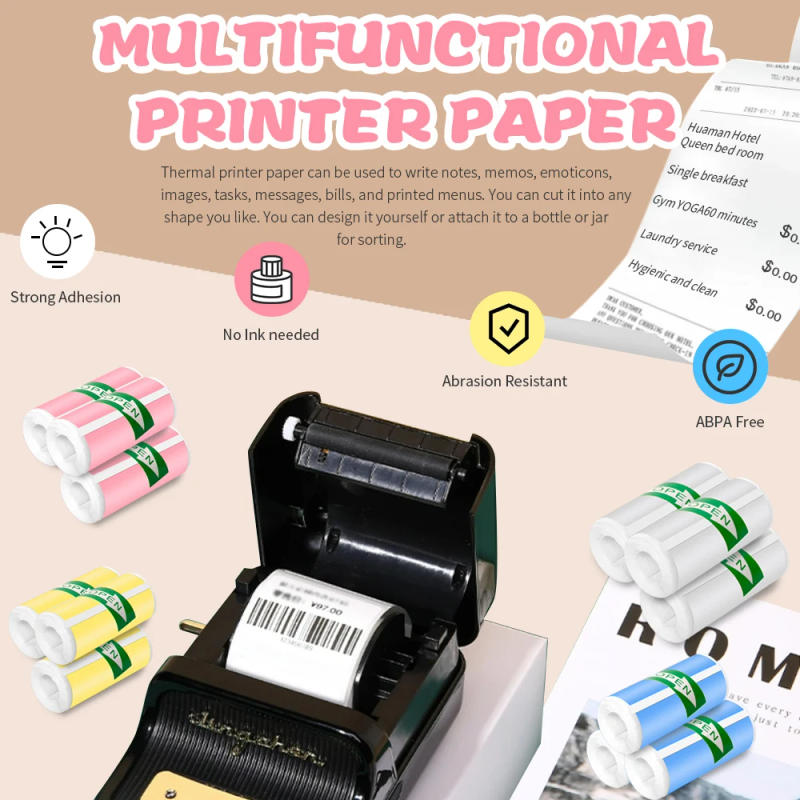Description Picture 6 of item57*25MM HD Mini Printer Thermal Paper Self-adhesive Roll Paper Label Sticker Photo Inkless Printing Portable Printer Color Paper