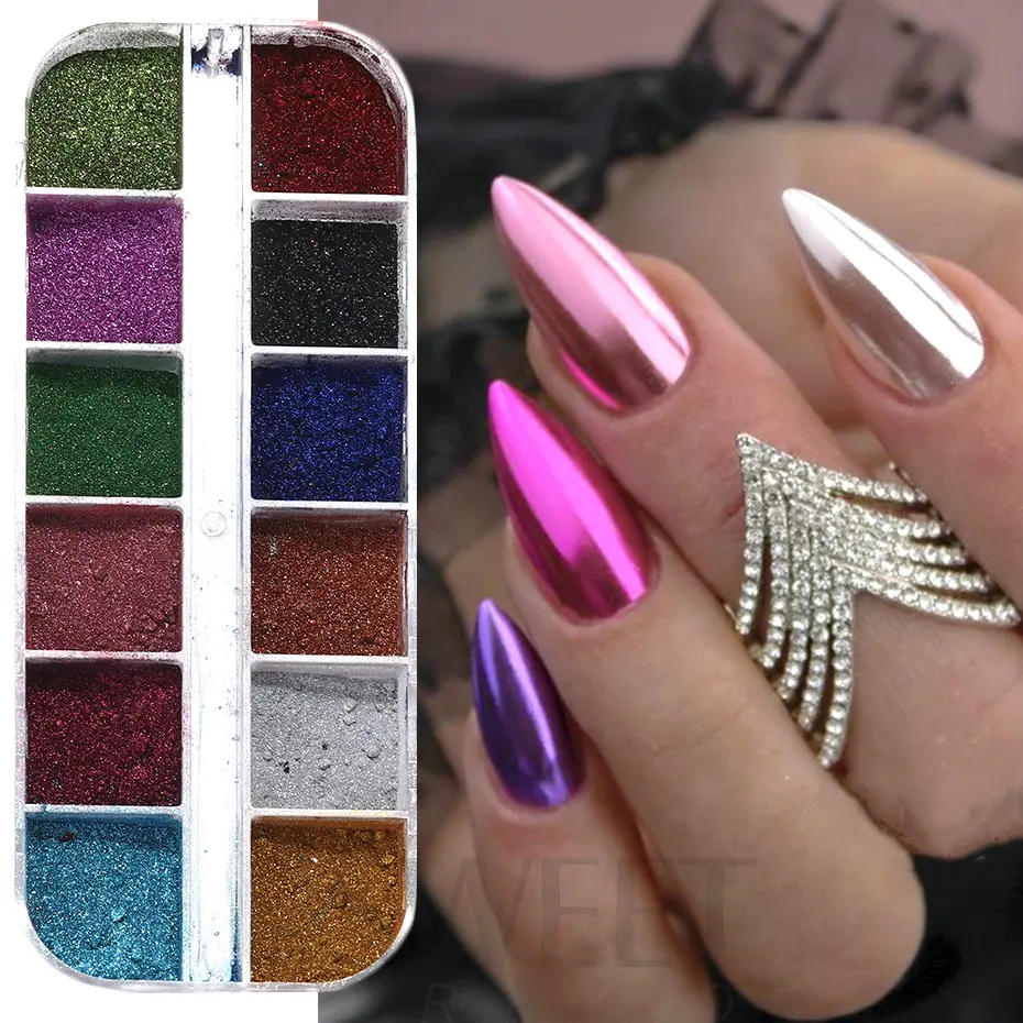 Description Picture 5 of item12 Colors Metallic Powder Nail Pigment Holographic Mirror Metal fine Rubbing On Nail Dust Glitter UV Gel Polish Nail Decoration