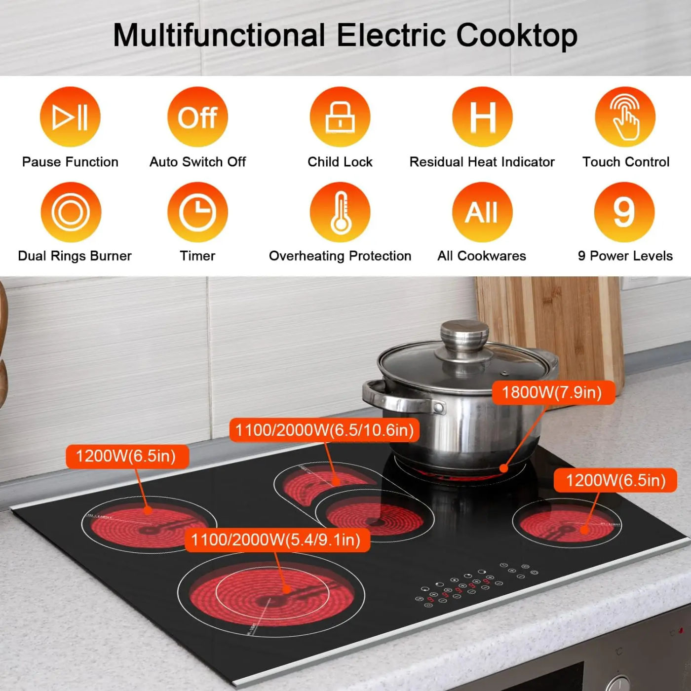 Description Picture 3 of item30Inch Electric Cooktop 5Burners Electric Stove Ceramic Cooktop Drop-in Electric Radiant Cooktop with Front and Back Metal Frame