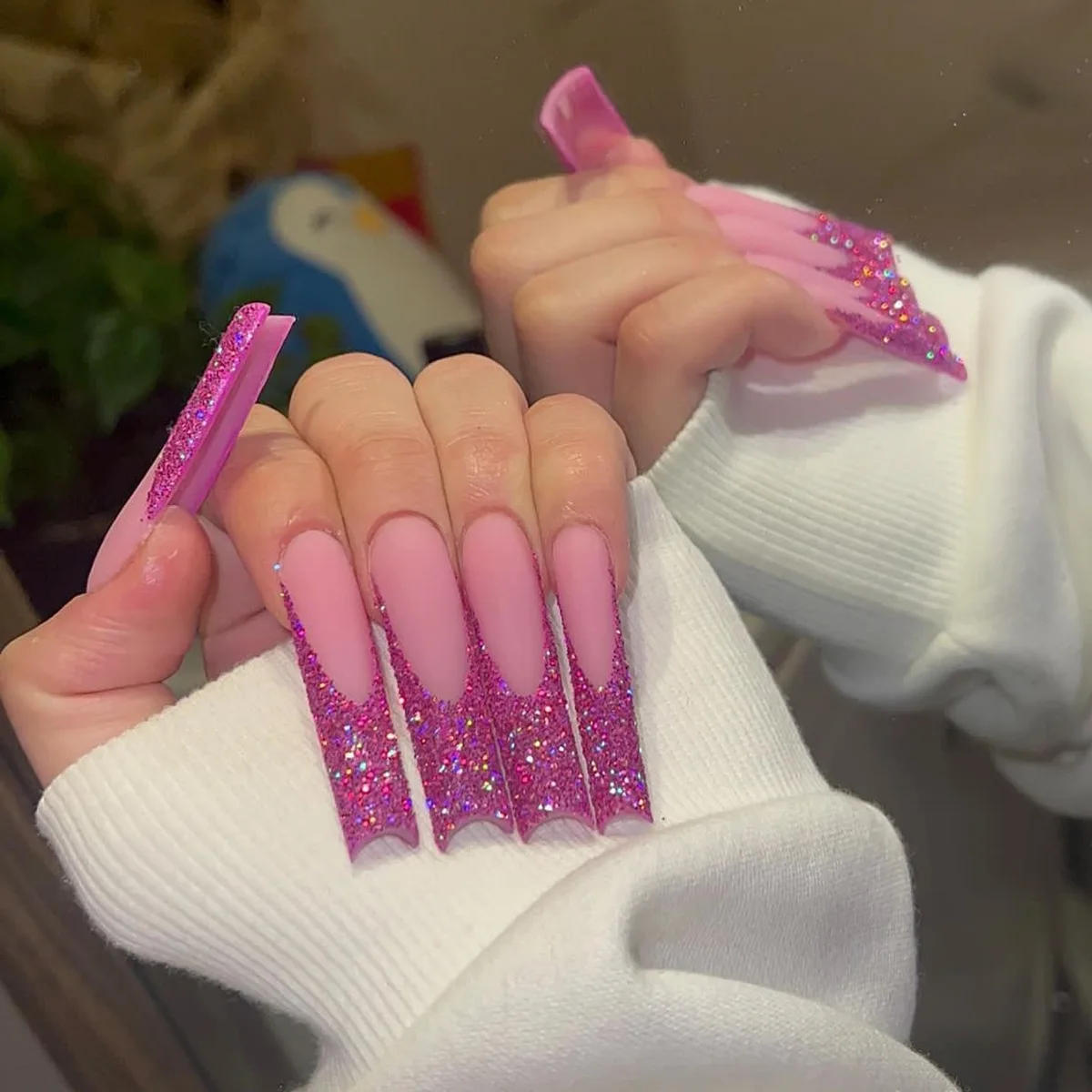 Description Picture 6 of item24Pcs Leopard Print Design False Nails with Bow Rhinestone Long Square Press on Nails Wearable French Ballet Fake Nail Tips