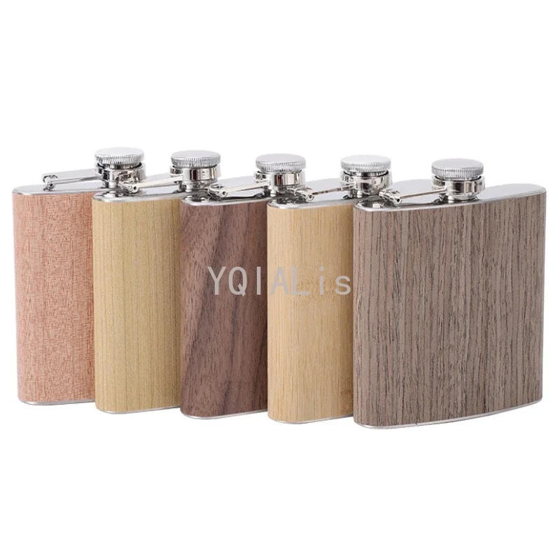 Description Picture 2 of item150-200ml Outdoor Portable Vintage Hip Flask Wood Grain Leather Whiskey Vodka Sake Shochu Bottle Gift with Design Features