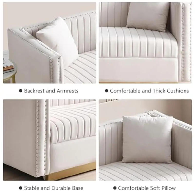 Description Picture 4 of itemVelvet Channel Tufted Sofa Set with Nailhead Trim and Gold Metal Legs Modern Living Room Furniture Apartments Sturdy Wood Frame