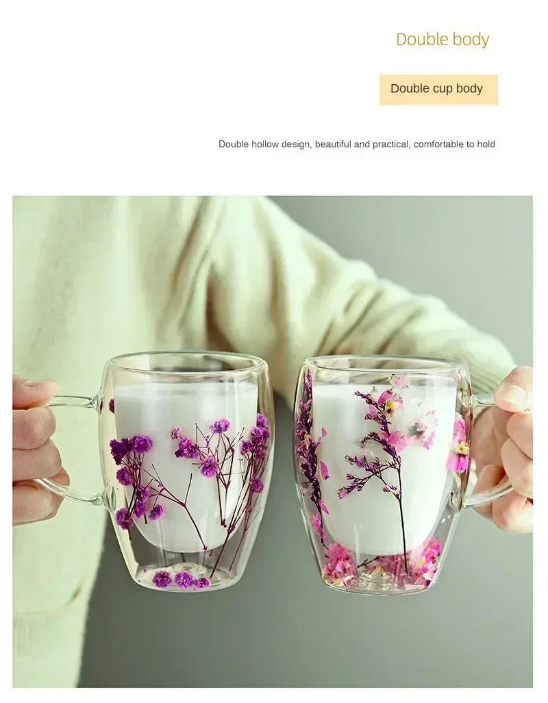 Description Picture 5 of itemDouble Layered Dried Flower Glass Cup Creative Pattern Mugs High Borosilicate Insulated Cup Kitchen Drinkware Home Accessories
