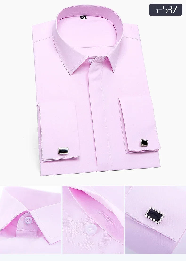 Description Picture 4 of itemFrance Cufflinks Men Tuxedo Shirts Long sleeve Covered Button Plain Solid Mens Dress Shirt White Light Blue Pink Business Social