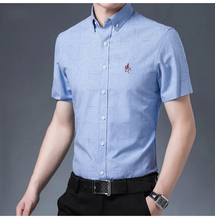 Description Picture 4 of item2024 Men's Short Sleeve Plaid Stretch Bamboo Fiber Casual Shirts Embroidered Horse Standard-fit Wrinkle Resistant Clothes