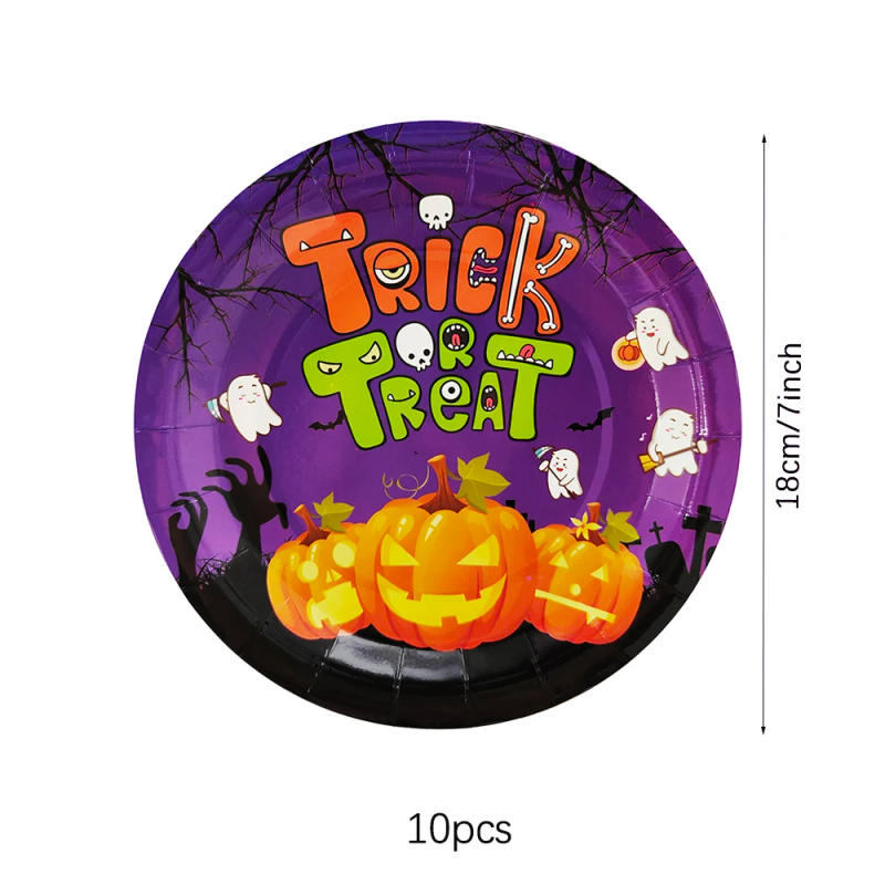 Description Picture 3 of itemHappy Halloween Party Disposable Tableware Pumpkin Pattern Purple Paper Plates Napkins Cups Straws Trick or Treat Decorations