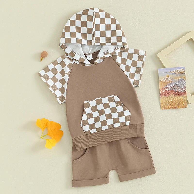 Description Picture 4 of itemToddler Boys Summer Shorts Sets Short Sleeve Checkerboard Print Hooded Tops and Shorts Sets