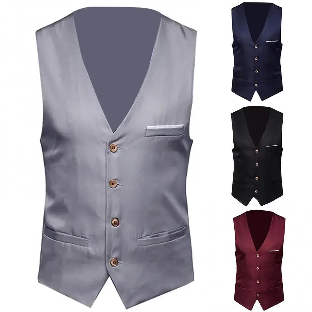 Description Picture 4 of itemFormal Men Suit Vest Solid Color Single Breasted Business Waistcoat