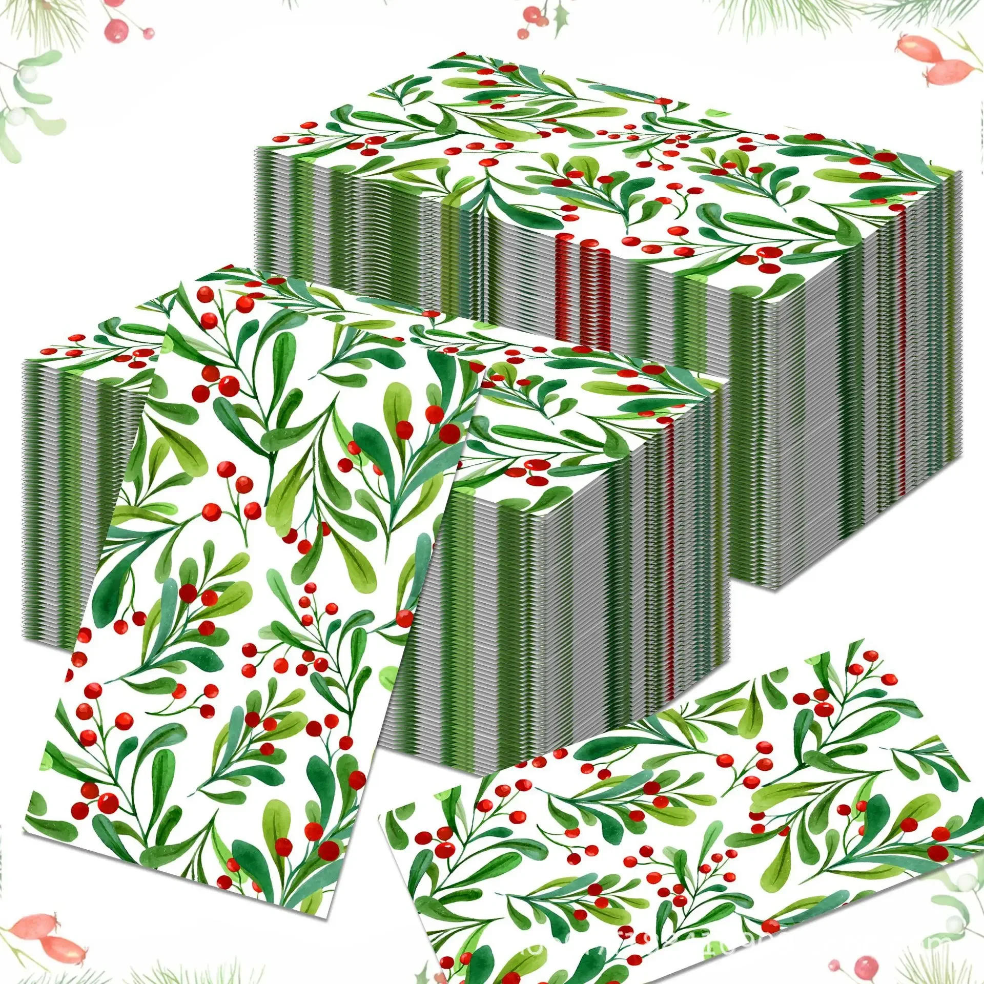 Description Picture 2 of item100PCS Christmas Paper Napkins 33*40CM Holly Berry with Leaves Disposable Dinner Hand Towels for 2025 Xmas Dining Table Decor