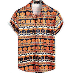 Men's Boutique Fashion Pumpkin Head Elements Printed Pattern Button Shirt Men Fashion Trend Casual Comfortable Breathable Shirt