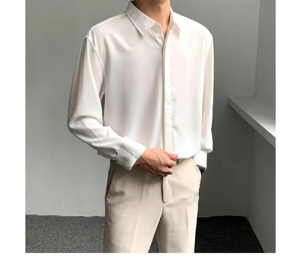 Description Picture 6 of itemHigh-end Men Clothing Ice Silk Shirt Men Solid Color Drape Korean Long Sleeve Hidden Buttons Business Casual Men Dress Shirt