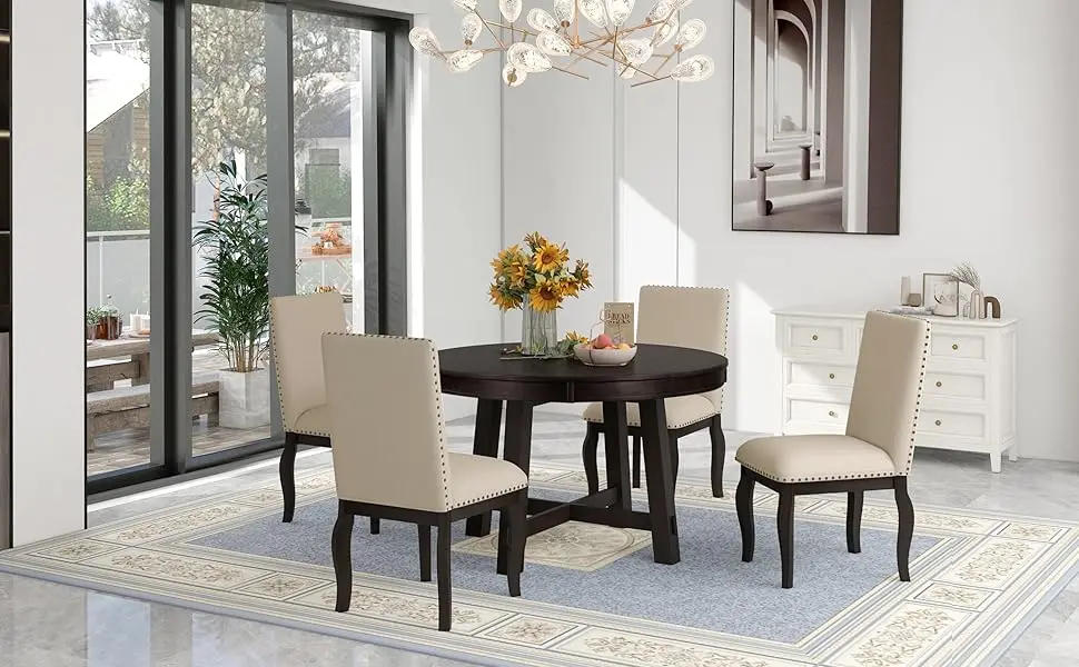 Description Picture 2 of itemDesigns Kitchen Dining Table Set for 4, Wood Round Extendable Table and 4 ChairsTable Set