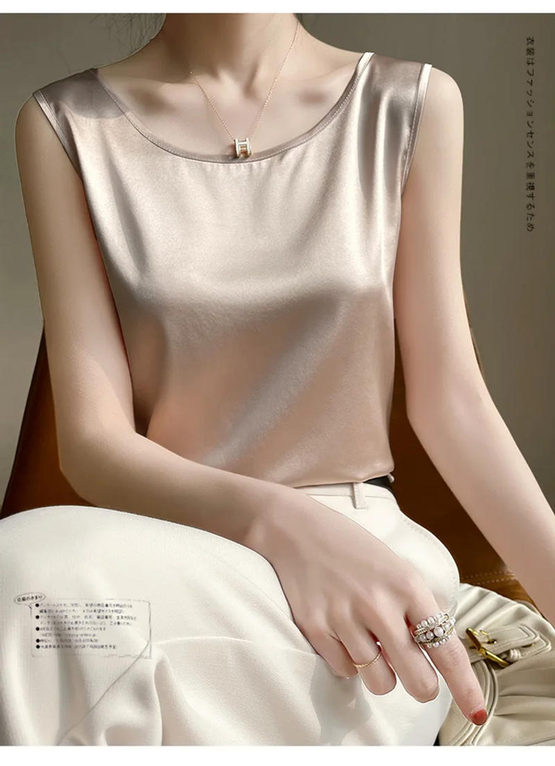 Description Picture 4 of item2024 Summer Silk Camis Women's T Shirts Sleeveless Vest Satin Tank Tops Office Elegant Fashion O Neck Champagne BlouseTop Women
