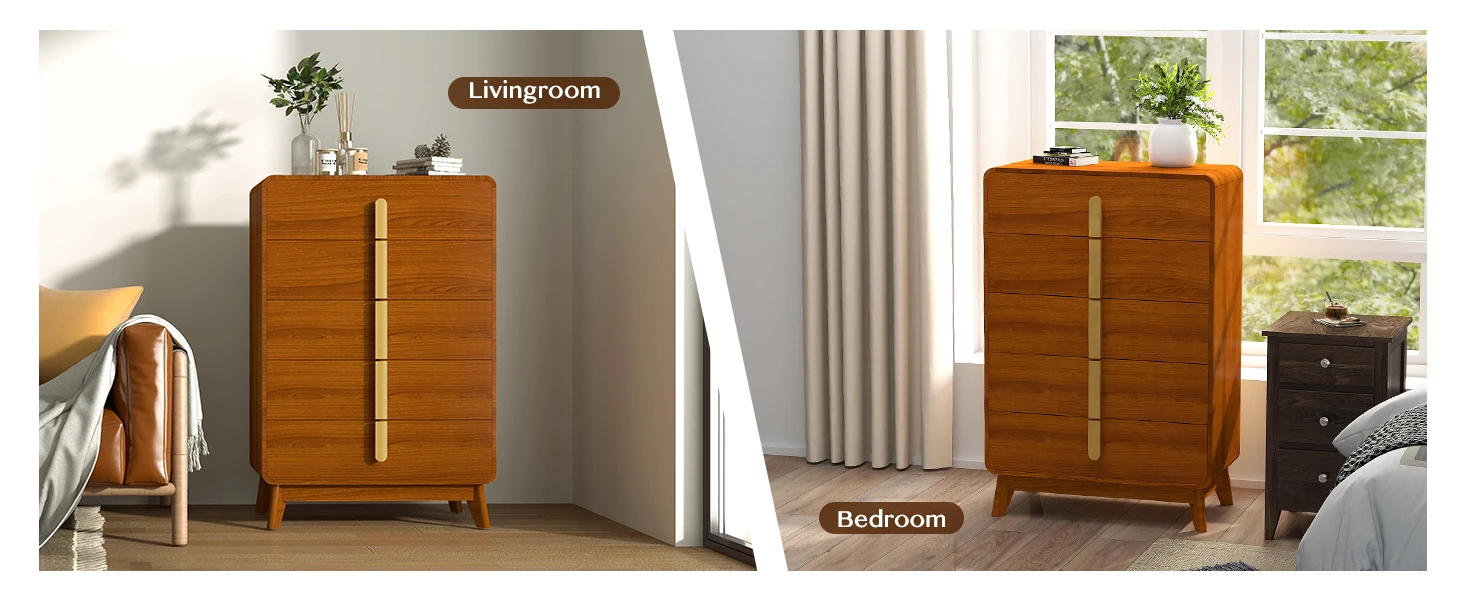 Description Picture 3 of item5 Drawer Dresser with Storage,Mid Century Modern Dresser,Chest of Drawers with Metal Handle,47" Tall Cherry Wood Dresser