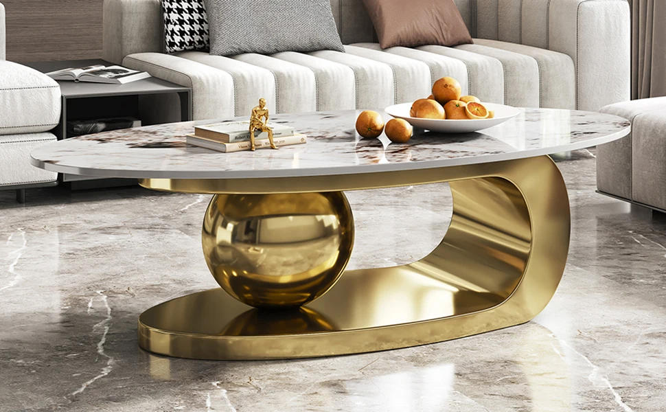 Description Picture 4 of item51" Lx28 Wx16.5 H.Modern Oval Stone Coffee Table with Abstract Gold Metal Base - Perfect Centerpiece for Stylish Living Rooms
