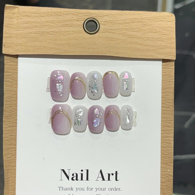 Description Picture 4 of item10Pc Blue Halo Dyeing Handmade Press On Nails Shell Silver Thread Design False Nail Short Fake Nail Full Cover Wearable Nail Tip