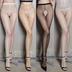 Ultra-thin Black Gray White Oil Shiny Crotchless Tights Open Crotch Ultra Thin Transparent Women Sexy Pantyhose Glitter Tights