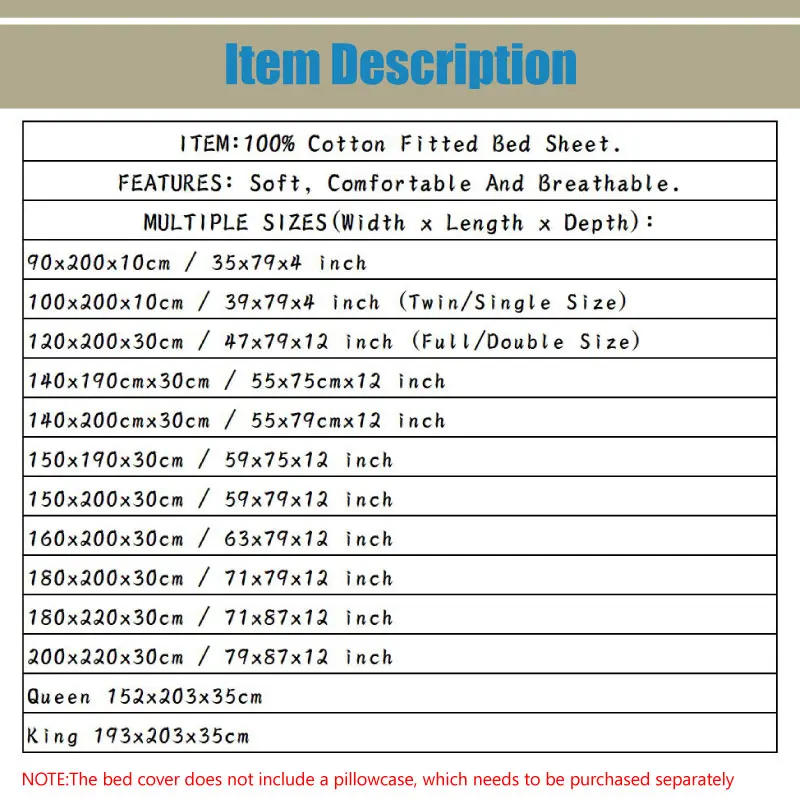 Description Picture 2 of item100% Cotton Fitted Bed Sheet with Elastic Band Solid Color Mattress Cover for Single Double King Queen Bed 140/150/160/180x200