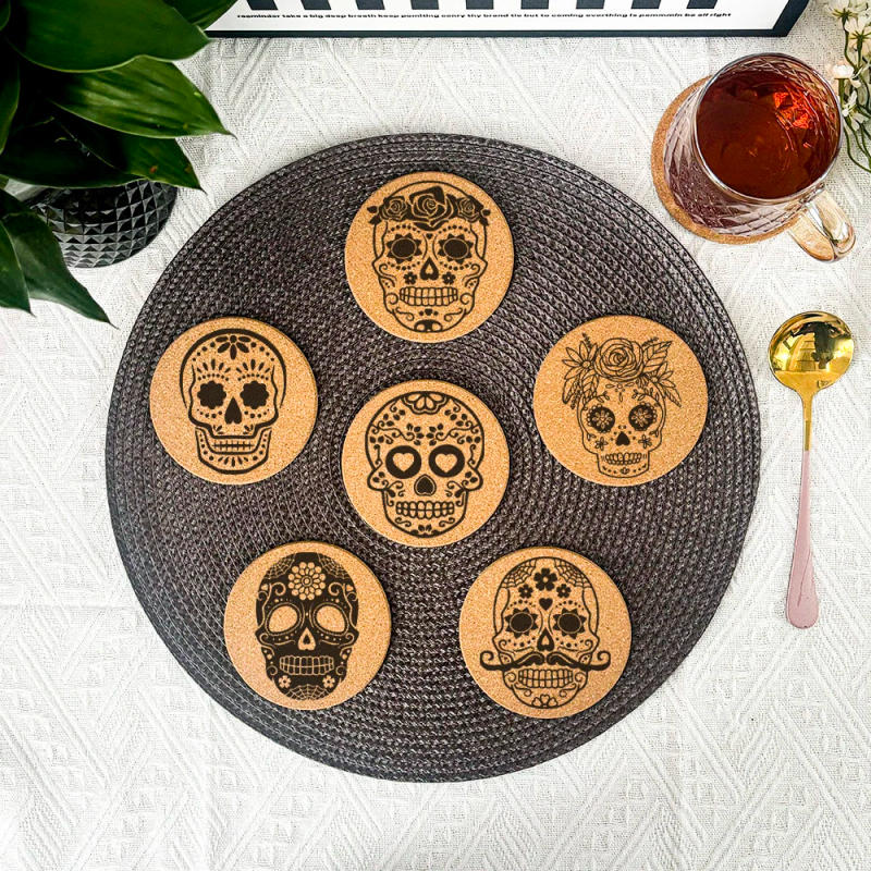 Description Picture 2 of item6pcs/Set Creative Engraved Flower Skull Pattern Round Cork Coasters For Coffee Cups Mugs Drink Holder and Tableware